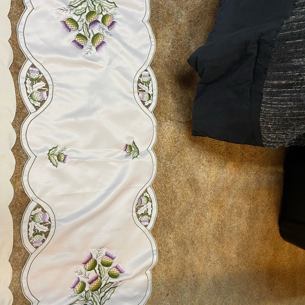 Embroidered Floral Table Runner - White and Purple Scottish thistle design